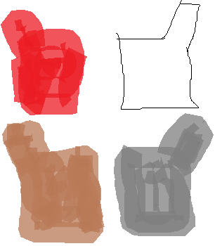 Na ilustracji widzimy cztery śmietniki: czerwony, biały, brązowy i szary